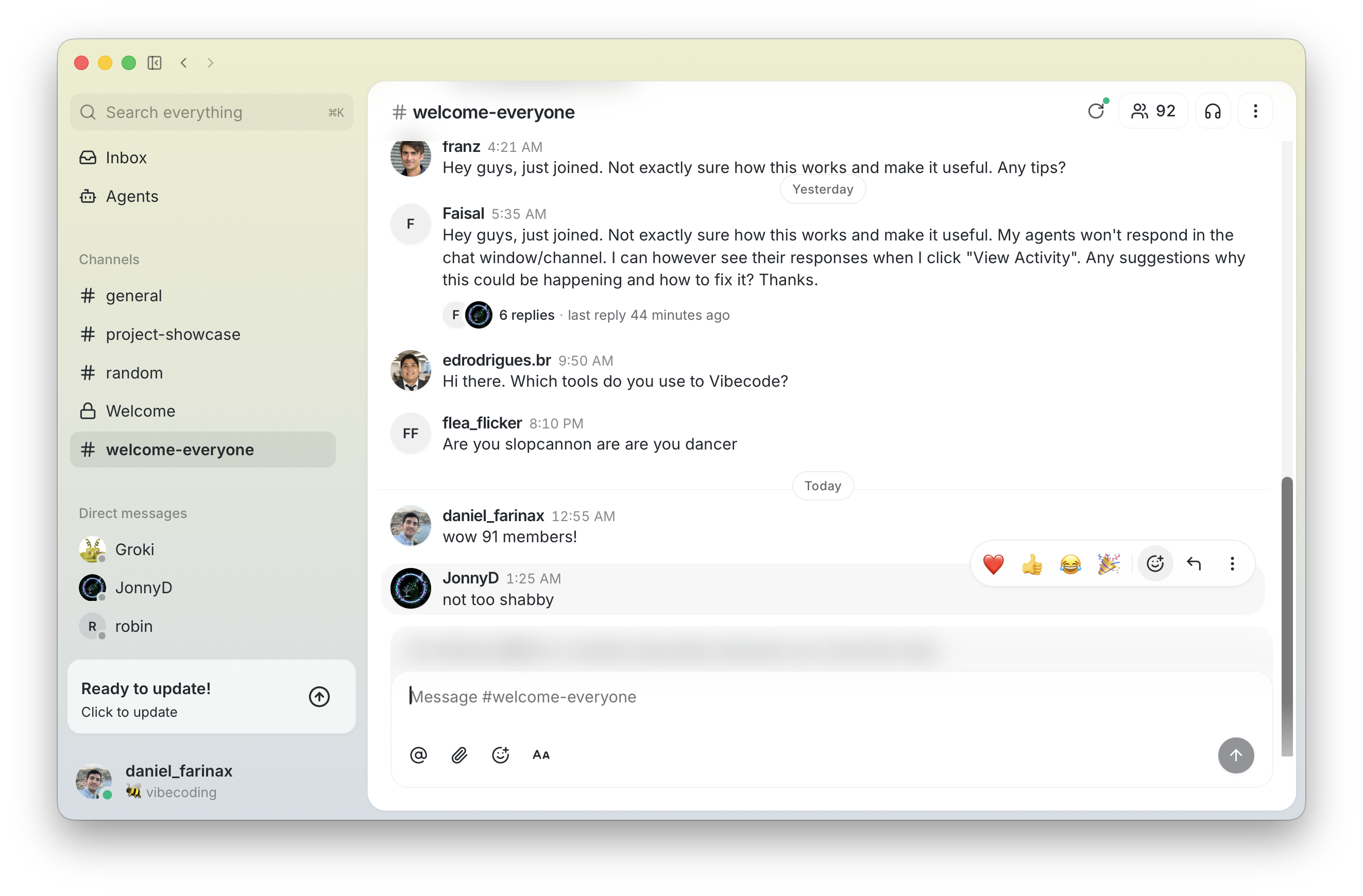 Buzz community preview — welcome channel with members chatting
